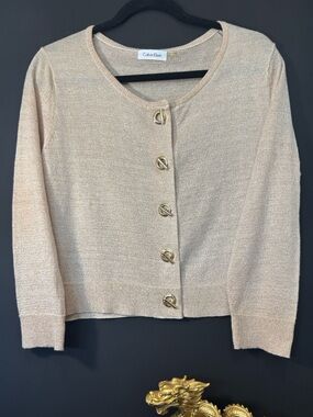 Calvin Klein Gold Metallic Cream Cropped Cardigan